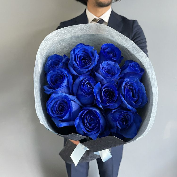 青いバラの花束 ダズンブーケプレミアムローズ 青薔薇12本の青いバラ