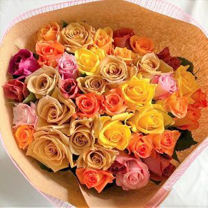 2409-40 タッセルスクエアサシェ 香り袋 オレンジローズ ブーケ 花刺繍 バラの花束産地厳選 Thank youブーケ39本の色お任せブーケ | リンク