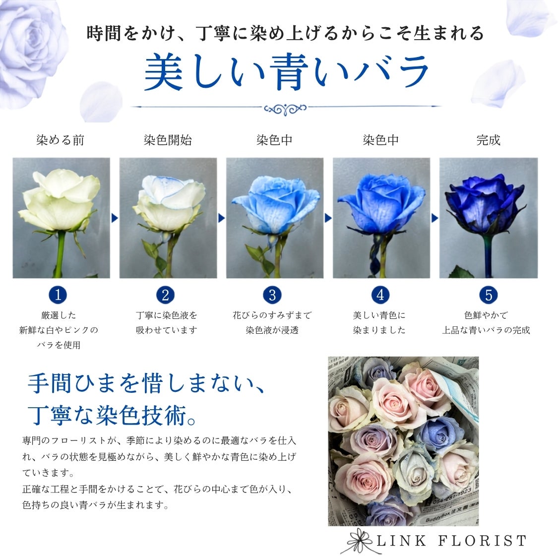 青いバラにぴったりなネイビーの上質なラッピングでお包みしてお届け致します。
